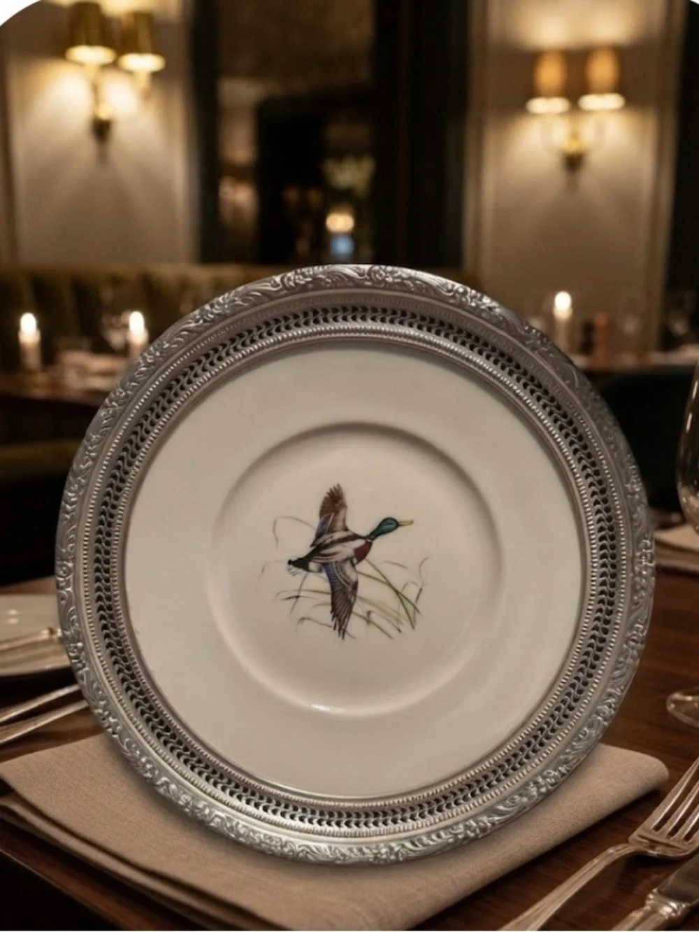 gorgeous !  this vintage Frank M. Whiting porcelain plate sterling silver trim.